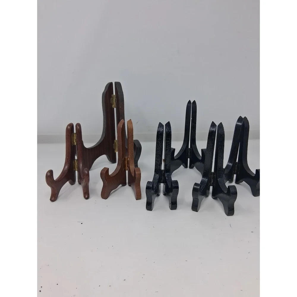 Hinged Easel Plate Holders Wooden Folding Set of 7 Black/brown. Q